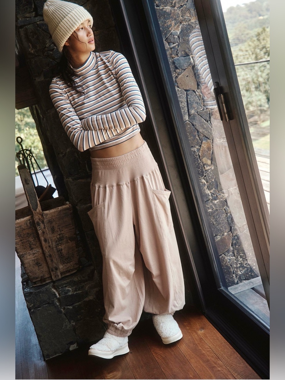 Free People Up In the Air Printed Set in Sand/Navy Stripe